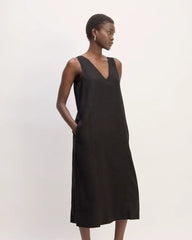 The Linen V-Neck Midi Dress | Black