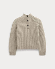 Funnel-Neck Ribbed Henley Sweater | Heathered Almond / Bone Vertical Stripe