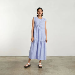 The Tiered Midi Dress | White / Blue Mini Stripe