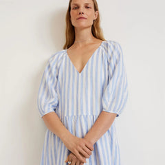 The Linen Oversized Puff-Sleeve Dress | Blue / White