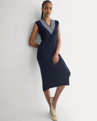 Relaxed V-Neck Midi Sweater Dress in Cotton Merino | Navy